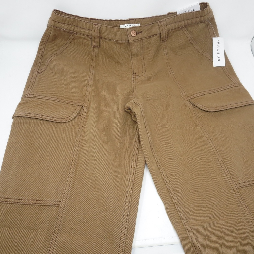 NEW PacSun Mens Sz Large Elastic Waist Cargo Pants Canvas Brown Tan 32" Inseam